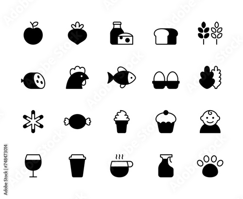 Vector grocery icon set. Supermarket food symbol illustrations. Modern shop department pictograms. Retail store products templates such as fruit, milk, cheese, fish, meat, coffee, frozen