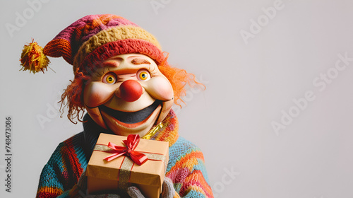 Joyful puppet happy with gift box decorated with ribbon  presenting a delightful surprise  spreading happiness and cheer. Generative Ai  