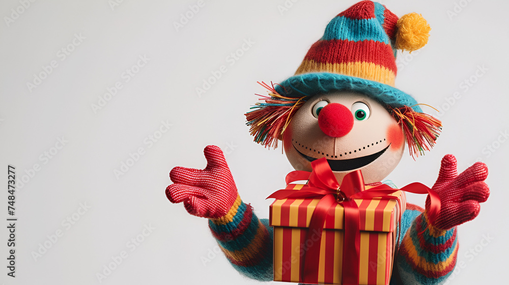 Joyful puppet happily holds a beautifully decorated gift box adorned with ribbons, spreading joy and cheer. Generative Ai

