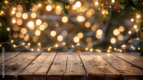 Festive wooden table adorned with vibrant decorations, set against a backdrop of shimmering fairy lights, creating a magical ambiance, Generative Ai
