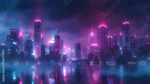 renewed urban energy into a marble background with a focus on a futuristic metropolis skyline. Integrate skyscrapers  neon lig