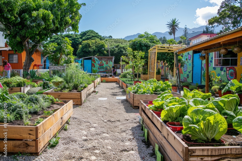 Community garden with family interaction, mutual help, planting and other activities