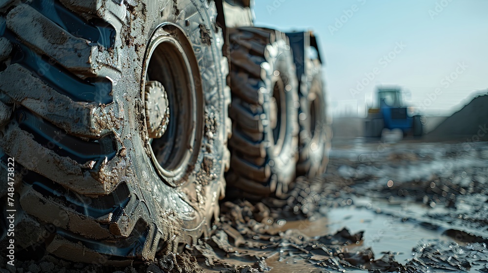 Row of large, muddy tires lined up at a construction site, with heavy machinery visible in the background. Row of large, muddy tires lined up at a construction site, with heavy machinery visible in the background.