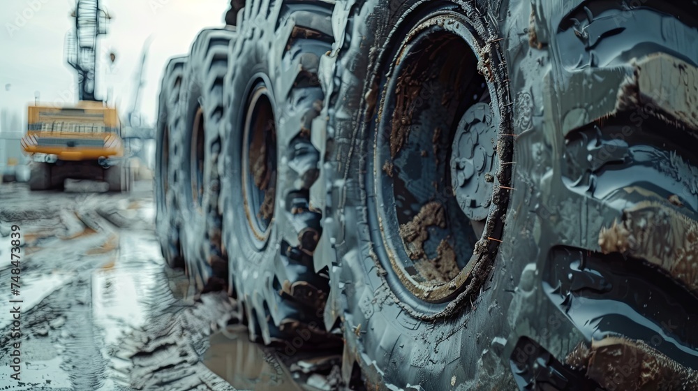 Row of large, muddy tires lined up at a construction site, with heavy machinery visible in the background.