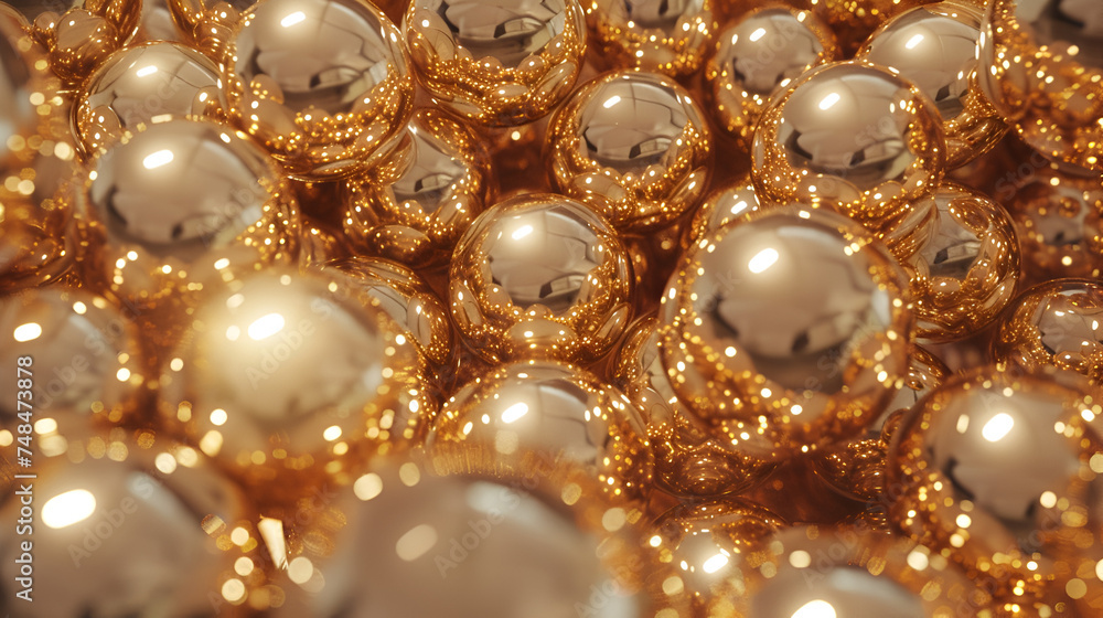 Close-up view of numerous reflective golden spheres packed tightly. generative ai 