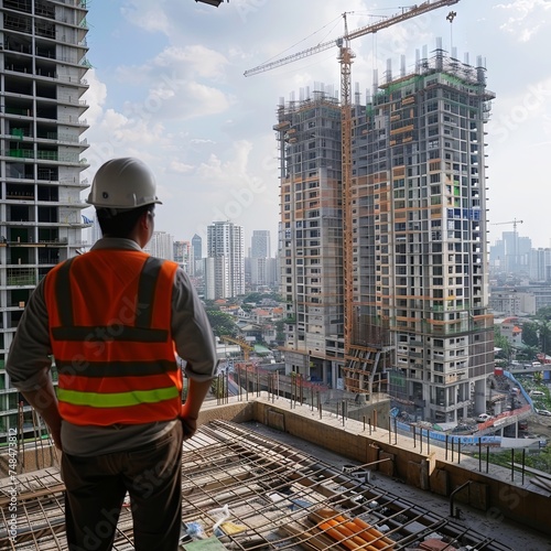 A construction worker stands atop a skyscraper under construction, gazing over the sprawling cityscape at dusk.