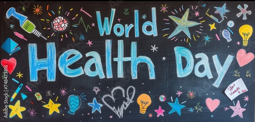 The phrase "World Health Day" in a bold, chalkboard style on a classroom blackboard background.