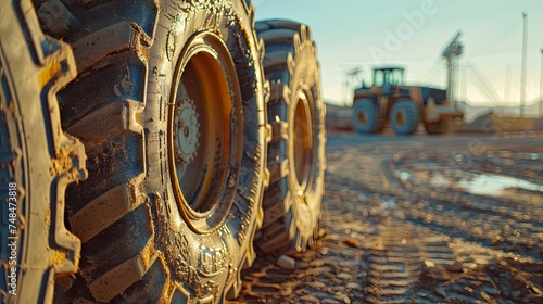 Row of large, muddy tires lined up at a construction site, with heavy machinery visible in the background.