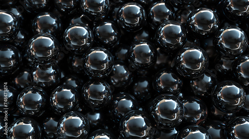 Close-up view of numerous reflective black spheres packed tightly. generative ai 