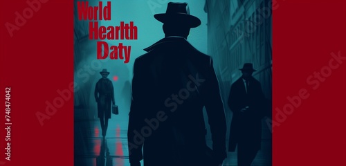 The text "World Health Day" in a classic, detective novel cover style on a noir mystery scene background.