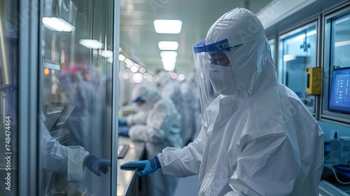 Specialized technicians in protective cleanroom suits meticulously inspecting a printed circuit board in a high-tech facility.