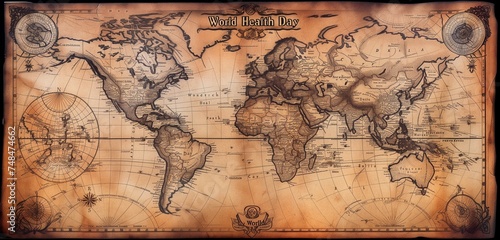 "World Health Day" in a mysterious, ancient map style on a background of a treasure map.