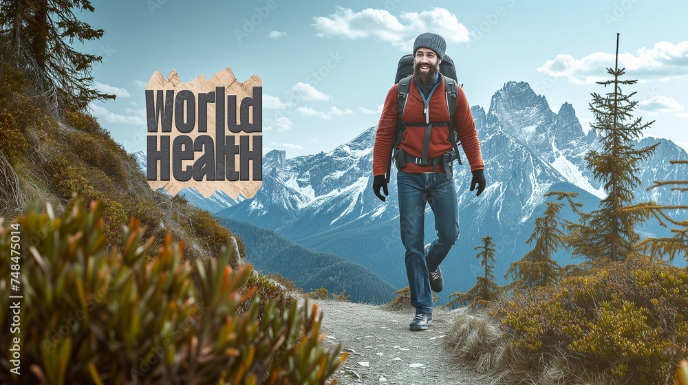 "World Health Day" in a rugged, mountain explorer style on a scenic mountain range background. - obrazy, fototapety, plakaty 