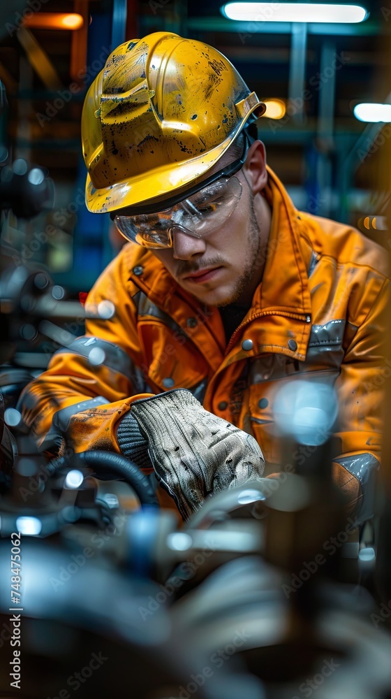 A focused technician in safety gear meticulously checks industrial equipment in a manufacturing plant setting.