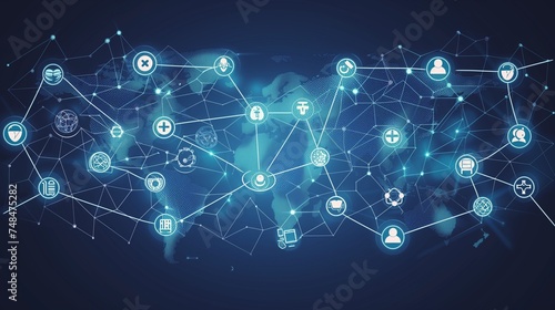 A digital illustration of a world map connected by health care symbols