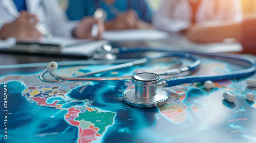 A global health conference with doctors, nurses, and a stethoscope overlaid on a world map. A global health conference with doctors, nurses, and a stethoscope overlaid on a world map.
