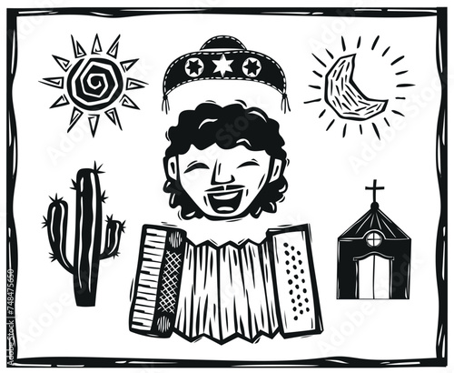 accordionist and set of Cordel icons from northeastern Brazil. Woodcut illustration