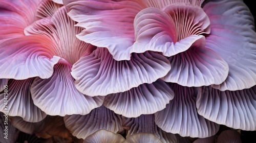 Close-up, bottom view of the lower gills of pink purple Oyster mushroom in the forest. The texture of mushrooms in nature. photo
