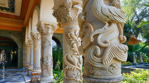 A series of decorative columns and archways adorned with detailed carvings of birds flowers and other natural elements line the entrance of the building. The effect is both