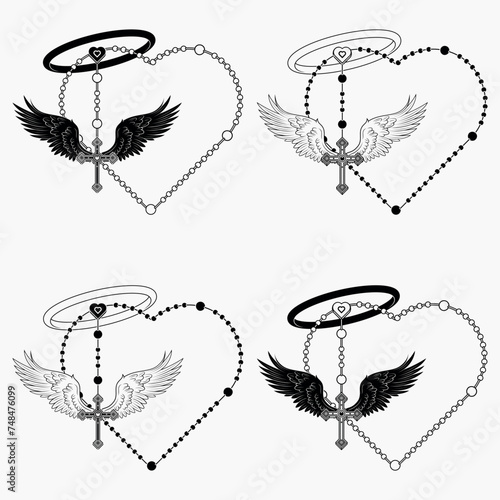Winged Christian cross with heart-shaped rosary