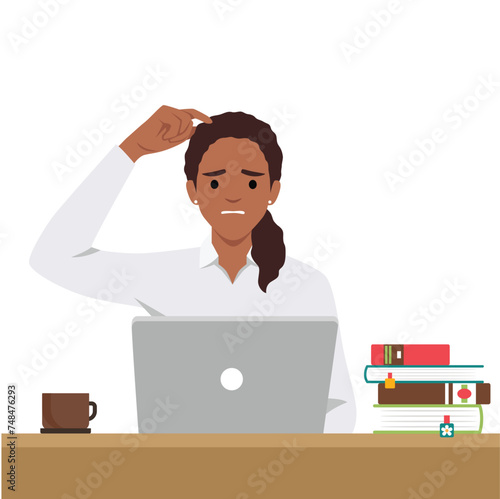 Business woman with anxious face with the work she is doing on a laptop. Flat vector illustration isolated on white background