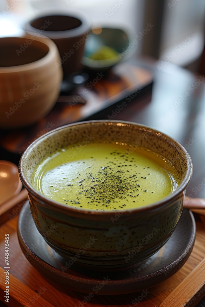 A cup of piping hot matcha tea A cup of piping hot matcha tea
