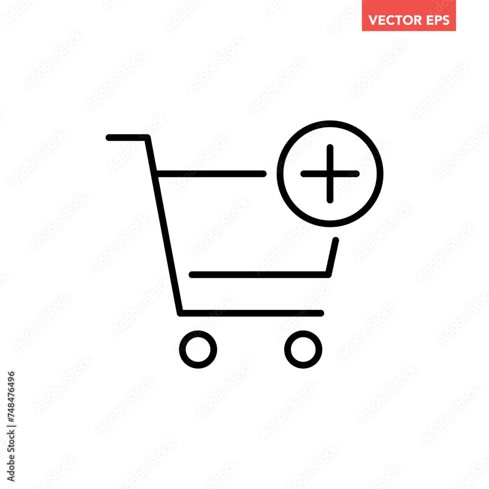 Black single add to cart line icon, simple shopping cart with addition mark flat design vector pictogram, interface elements for app logo web button ui ux isolated on white background Black single add to cart line icon, simple shopping cart with addition mark flat design vector pictogram, interface elements for app logo web button ui ux isolated on white background