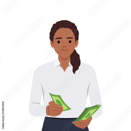 Young woman counts money earned in business or received from dividend investments but she is feeling angry. Flat vector illustration isolated on white background