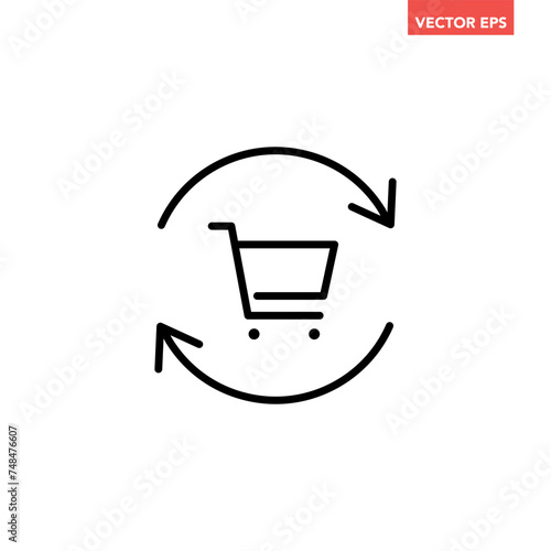 Black single return cart line icon, simple refresh shopping flat design vector pictogram, interface elements for app logo web button ui ux isolated on white background