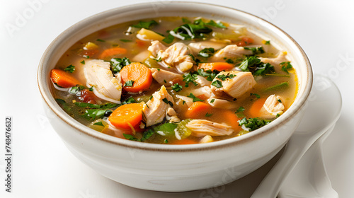 Homemade chicken vegetable soup in a white bowl, side view, steaming hot, comfort food, nutritious meal, culinary delight, food photography, Generative Ai.

