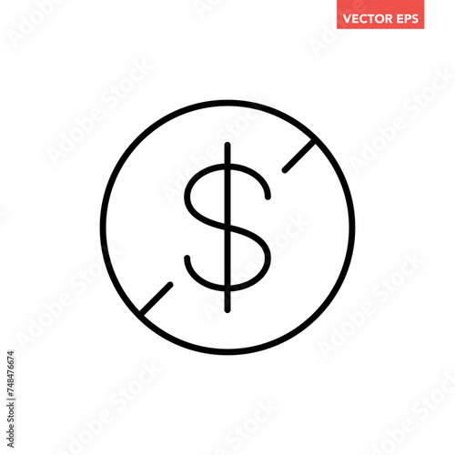 Black single no cash line icon, simple tax free charge flat design infographic pictogram vector, for app logo web button ui ux interface elements isolated on white background