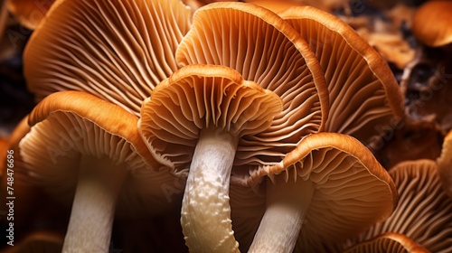 Close-up of the beautiful orange peach texture of Sajor kaju mushrooms in the forest. The gills are visible on the underside. photo