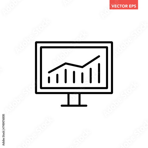 Black single data analysis on monitor line icon, simple financial dashboard admin flat design vector pictogram infographic interface elements for app logo web button ui ux isolated on white background