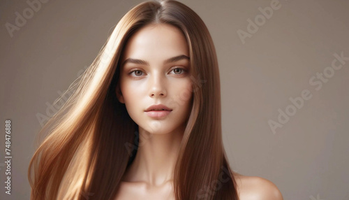 Model girl with shiny brown smooth healthy hair with long straight and glowing, skin natural beauty smooth skin for Care and hair products