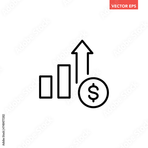 Black single financial growing graph line icon, simple inflation up or high cost living flat design pictogram vector for app ads web banner button ui ux interface elements isolated on white background