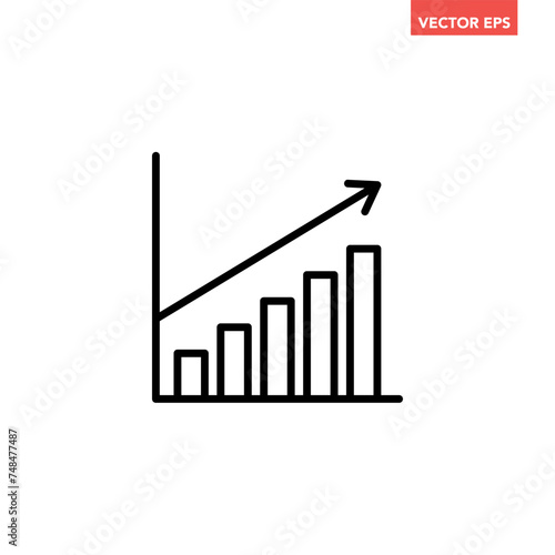 Single black arrow growing up on chart graph bars line icon, success graph trending upwards flat design interface infographic element for app ui ux web button, vector isolated on white background