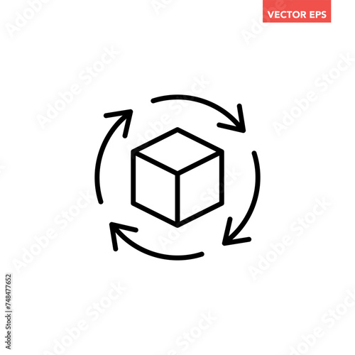 Black single rotating 3D cube model line icon, simple virtual reality flat design illustration pictogram for infographic interface elements for app logo web button ui isolated on white background