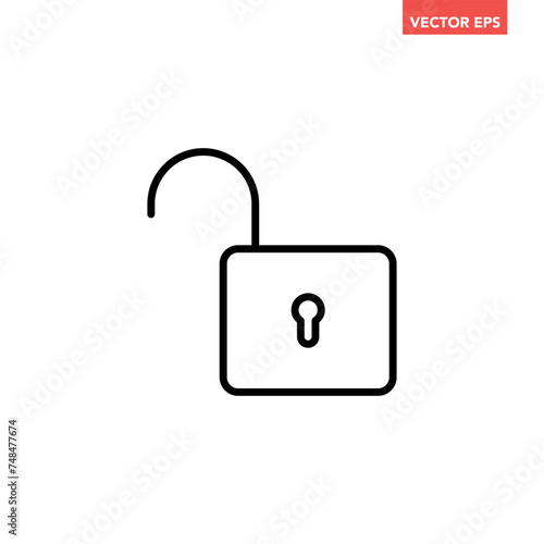 Black single unlock badge line icon, simple safe secure flat design vector pictogram vector for app ads logotype web website button ui ux interface elements isolated on white background