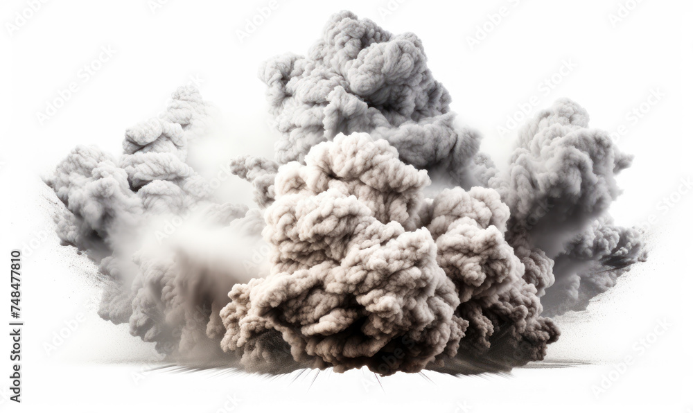Explosive Burst of Dense Smoke Clouds Isolated on White Background, Concept of Power, Destruction, and Turbulent Force in Nature or Industry Explosive Burst of Dense Smoke Clouds Isolated on White Background, Concept of Power, Destruction, and Turbulent Force in Nature or Industry