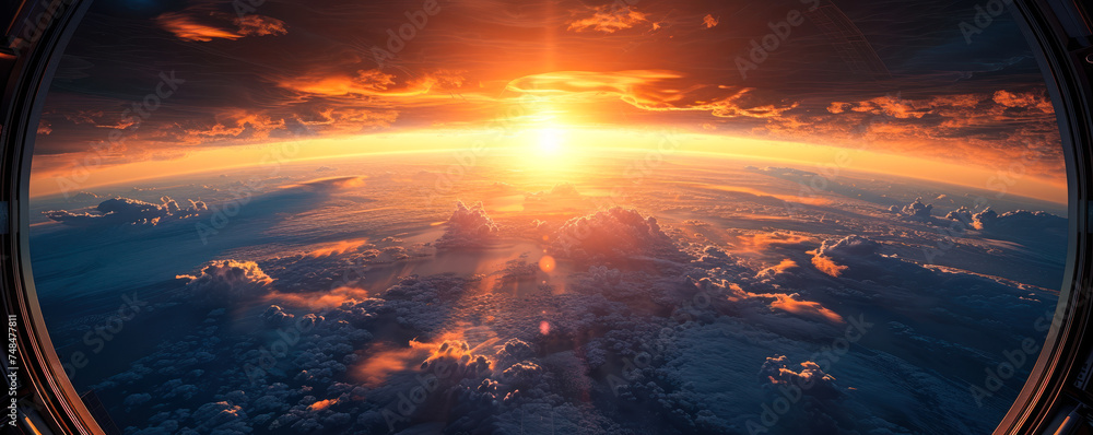 A breathtaking view of Earth's horizon at sunrise, as seen from the window of a spacecraft, symbolizing exploration, space travel, and the future - obrazy, fototapety, plakaty 