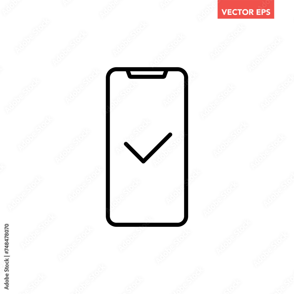 Black single phone with check mark line icon, simple successful poll process flat design pictogram, infographic vector for app web button ui ux interface elements isolated on white background Black single phone with check mark line icon, simple successful poll process flat design pictogram, infographic vector for app web button ui ux interface elements isolated on white background