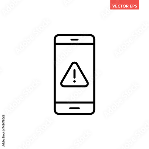 Single black phone with alert notification line icon, simple device warning flat design vector pictogram, infographic interface elements for app logo web button ui ux isolated on white background