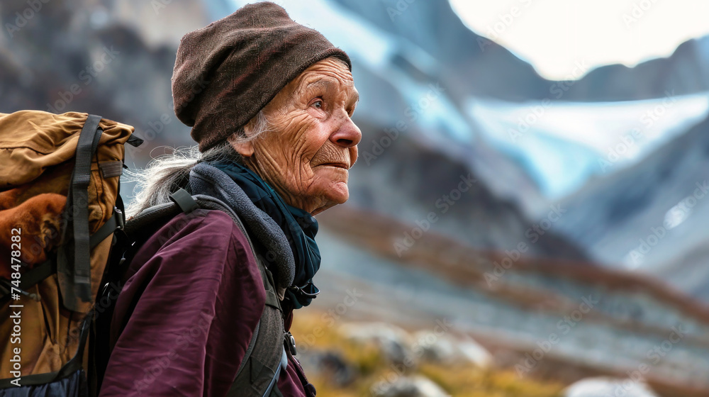 An elderly woman with a backpack and scarf walks through a village