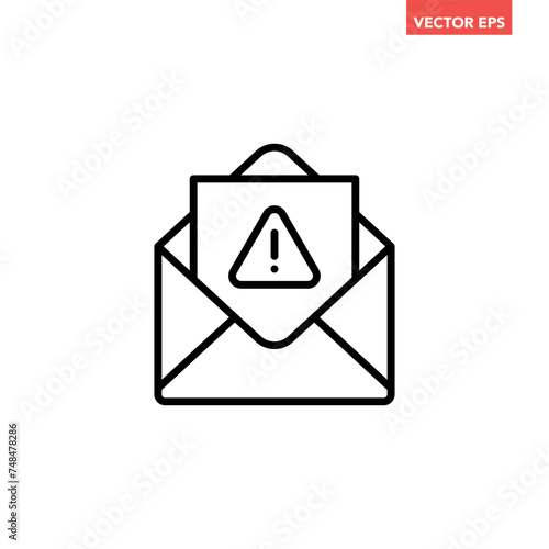 Black single spam mail line icon, simple dangerous mail warning flat design vector pictogram, infographic interface elements for app logo web button ui ux isolated on white background