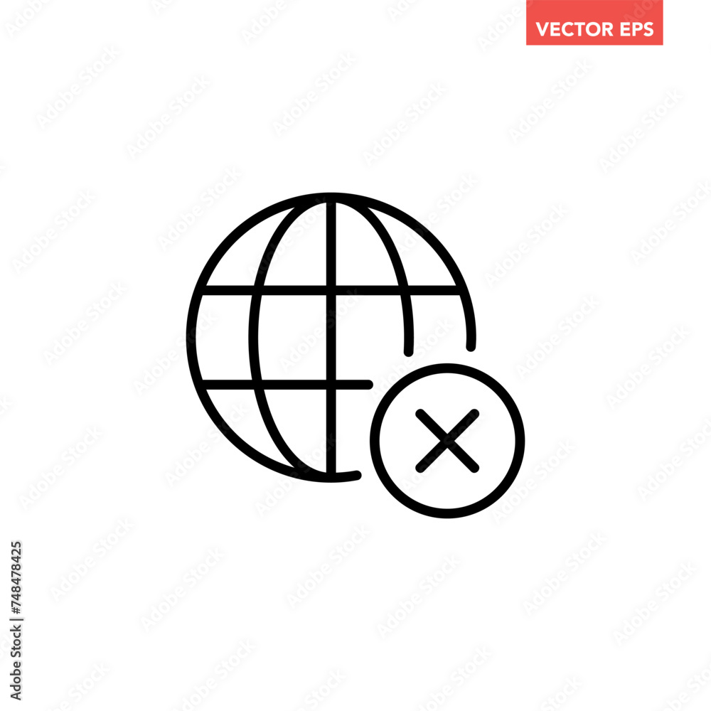 Black single server not confirm line icon, simple globe with failed checkmark flat design vector pictogram, infographic interface elements for app logo web button ui ux isolated on white background Black single server not confirm line icon, simple globe with failed checkmark flat design vector pictogram, infographic interface elements for app logo web button ui ux isolated on white background
