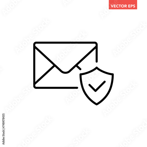 Black email under security protection with checkmark shield line icon, simple guard sent email  interface concept elements app ui ux web button logo, flat design vector isolated on white background
