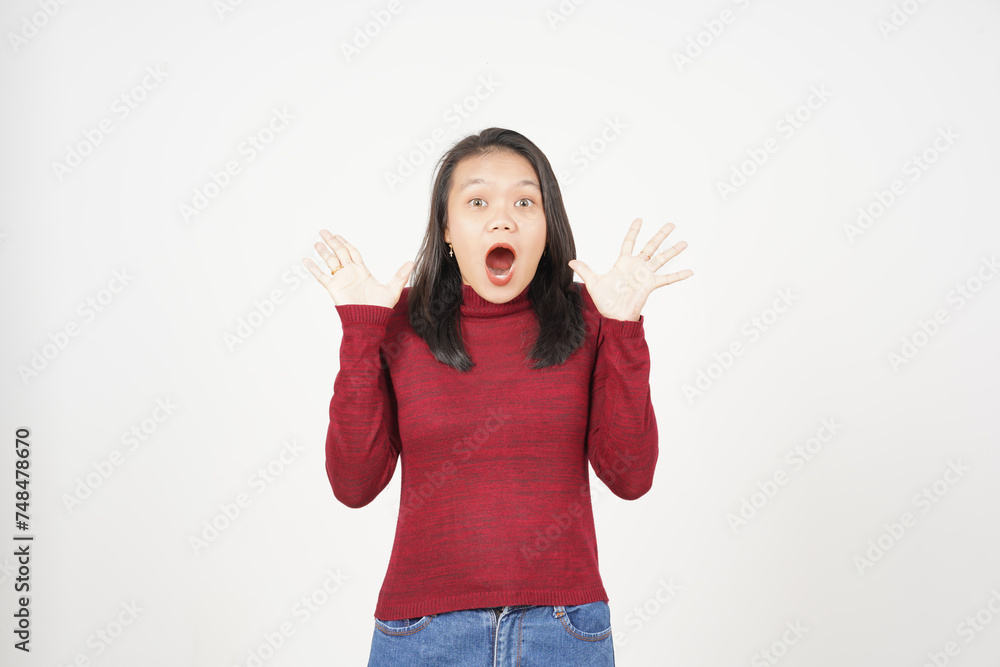 Young Asian woman in Red t-shirt doing Wow or Shock face and looking at camera isolated on white background Young Asian woman in Red t-shirt doing Wow or Shock face and looking at camera isolated on white background