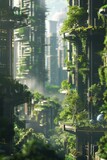 Close up bright depiction of an eco futuristic cityscape with greenery and space in a random setting