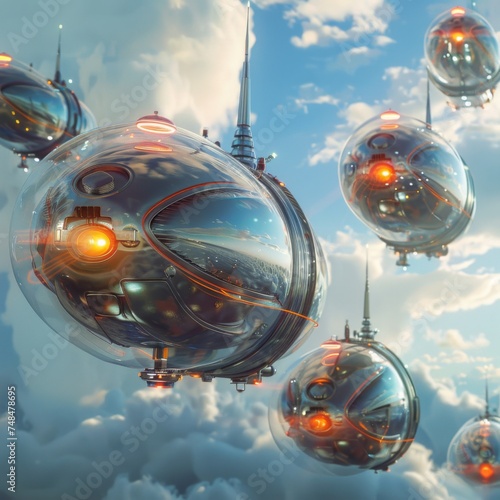 Close up of futuristic transport in the sky with capsules depicted in a bright random setting