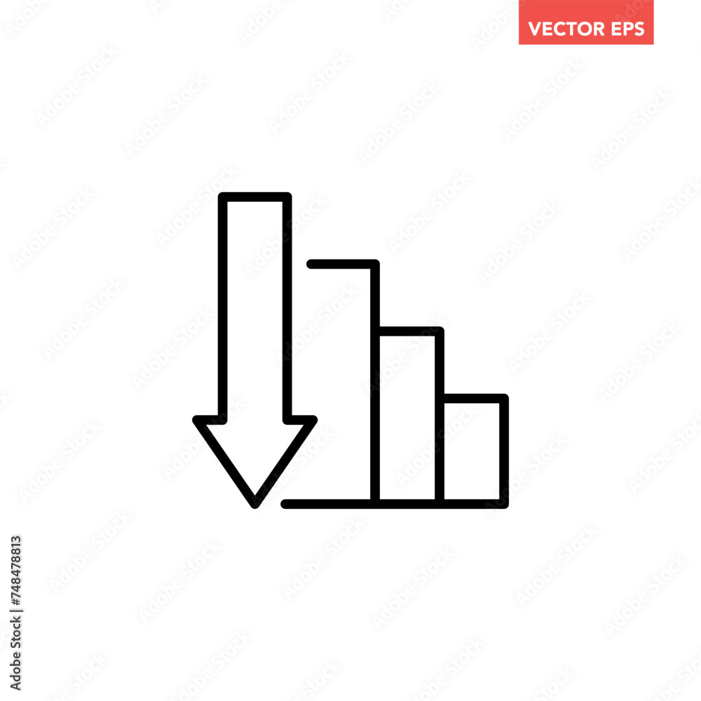 Black single financial graph with down arrow line icon, simple businese decline flat design pictogram vector for app ads web banner button ui ux interface elements isolated on white background Black single financial graph with down arrow line icon, simple businese decline flat design pictogram vector for app ads web banner button ui ux interface elements isolated on white background